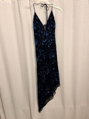 Cache Elegant Black Halter Slip Dress with Teal Floral Accents